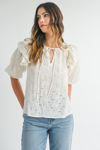 MABLE Eyelet Lace Ruffle Shoulder Puff Sleeve Blouse 2668south