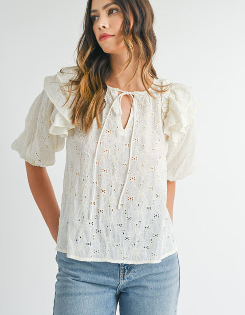 Load image into Gallery viewer, MABLE Eyelet Lace Ruffle Shoulder Puff Sleeve Blouse 2668south
