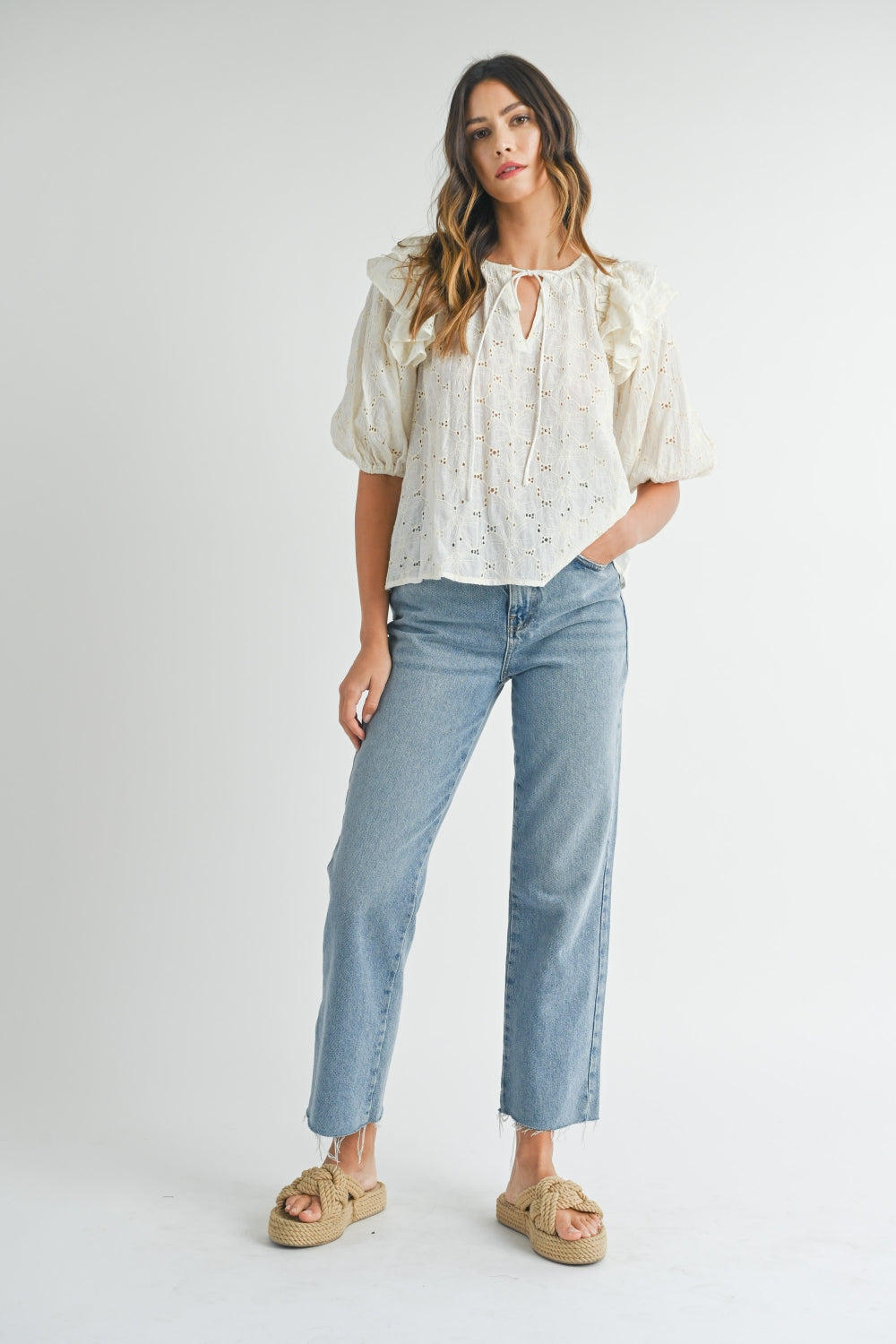 MABLE Eyelet Lace Ruffle Shoulder Puff Sleeve Blouse 2668south