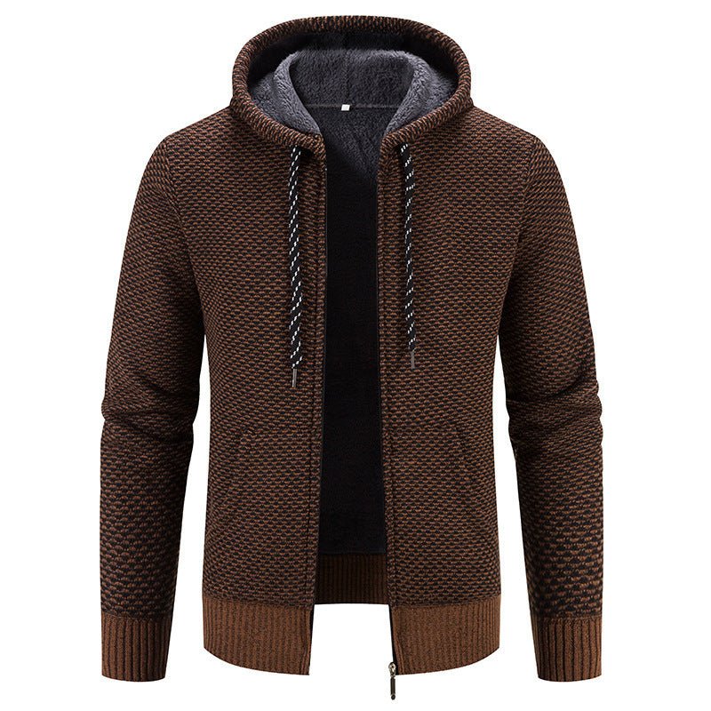 Men's Cardigan Coat Fleece-lined Thick Hooded Solid Color Sweater 2668south