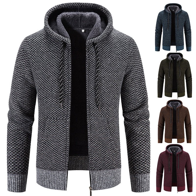 Men's Cardigan Coat Fleece-lined Thick Hooded Solid Color Sweater 2668south