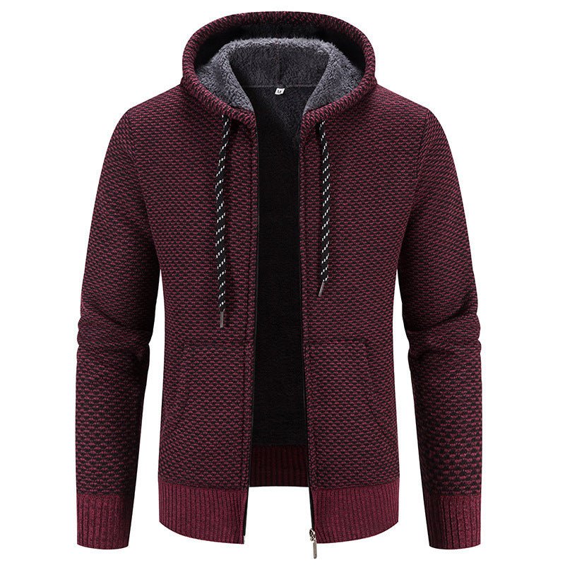 Men's Cardigan Coat Fleece-lined Thick Hooded Solid Color Sweater 2668south