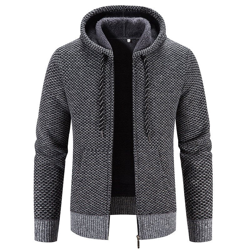 Men's Cardigan Coat Fleece-lined Thick Hooded Solid Color Sweater 2668south