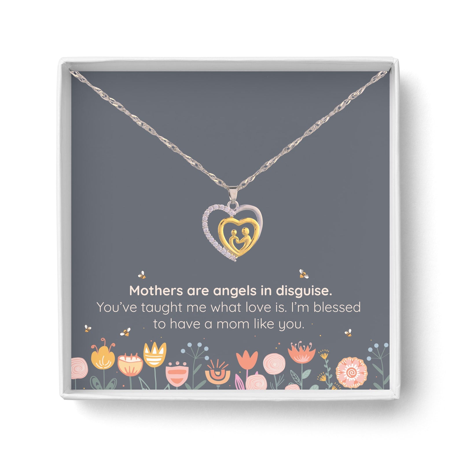 Mother and Child Pave Heart Pendant Necklace 2668south