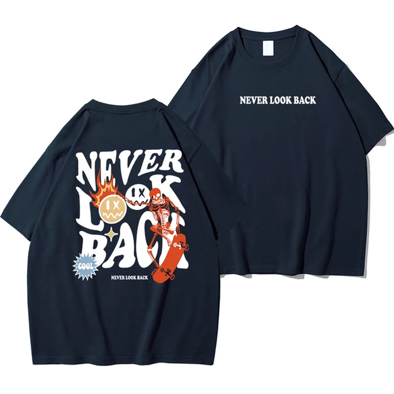 Never Look Back Creative Smile Skull Printing Cartoons Street Print Tshirt Man Loose Tee Clothes Cotton Crewneck Tops T-Shirt 2668south