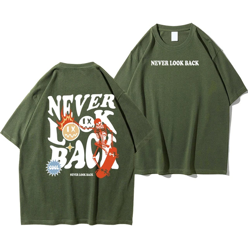 Never Look Back Creative Smile Skull Printing Cartoons Street Print Tshirt Man Loose Tee Clothes Cotton Crewneck Tops T-Shirt 2668south