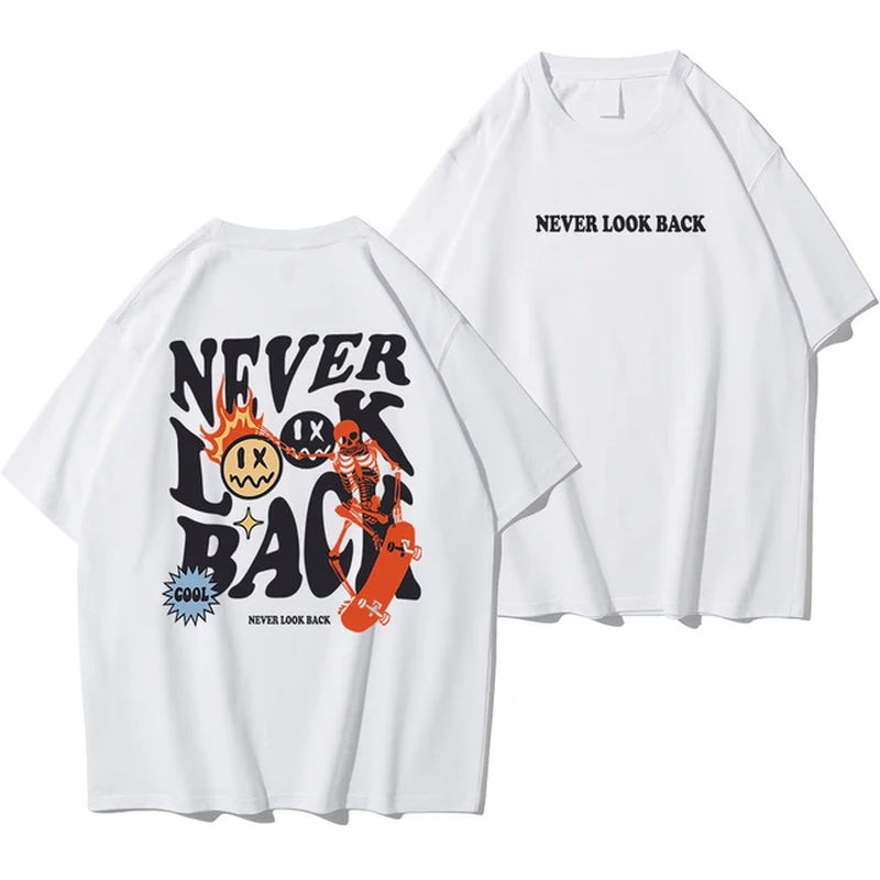 Never Look Back Creative Smile Skull Printing Cartoons Street Print Tshirt Man Loose Tee Clothes Cotton Crewneck Tops T-Shirt 2668south