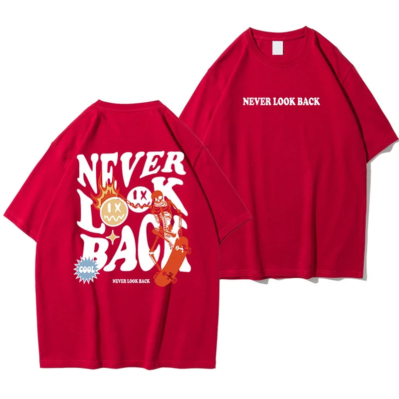 Never Look Back Creative Smile Skull Printing Cartoons Street Print Tshirt Man Loose Tee Clothes Cotton Crewneck Tops T-Shirt 2668south