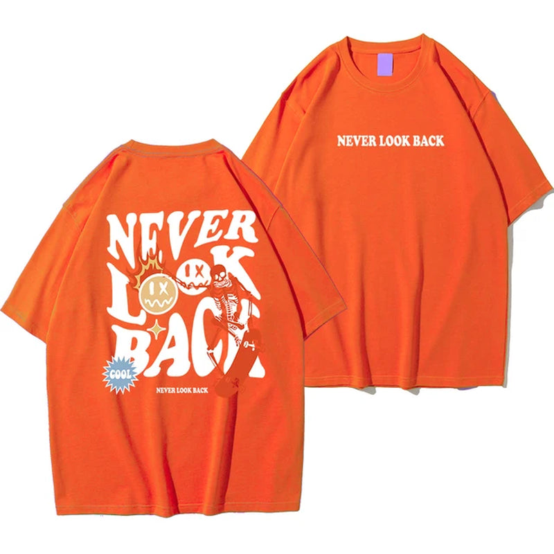 Never Look Back Creative Smile Skull Printing Cartoons Street Print Tshirt Man Loose Tee Clothes Cotton Crewneck Tops T-Shirt 2668south