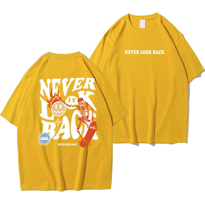 Never Look Back Creative Smile Skull Printing Cartoons Street Print Tshirt Man Loose Tee Clothes Cotton Crewneck Tops T-Shirt 2668south