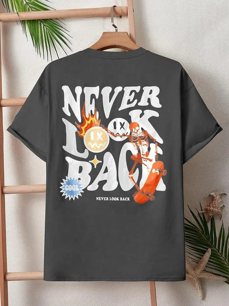 Never Look Back Creative Smile Skull Printing Cartoons Street Print Tshirt Man Loose Tee Clothes Cotton Crewneck Tops T-Shirt 2668south