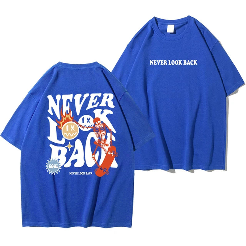 Never Look Back Creative Smile Skull Printing Cartoons Street Print Tshirt Man Loose Tee Clothes Cotton Crewneck Tops T-Shirt 2668south