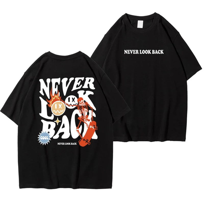 Never Look Back Creative Smile Skull Printing Cartoons Street Print Tshirt Man Loose Tee Clothes Cotton Crewneck Tops T-Shirt 2668south