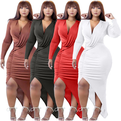 Nightclub V-neck Formal Dress Solid Color Large Slit Dress 2668south