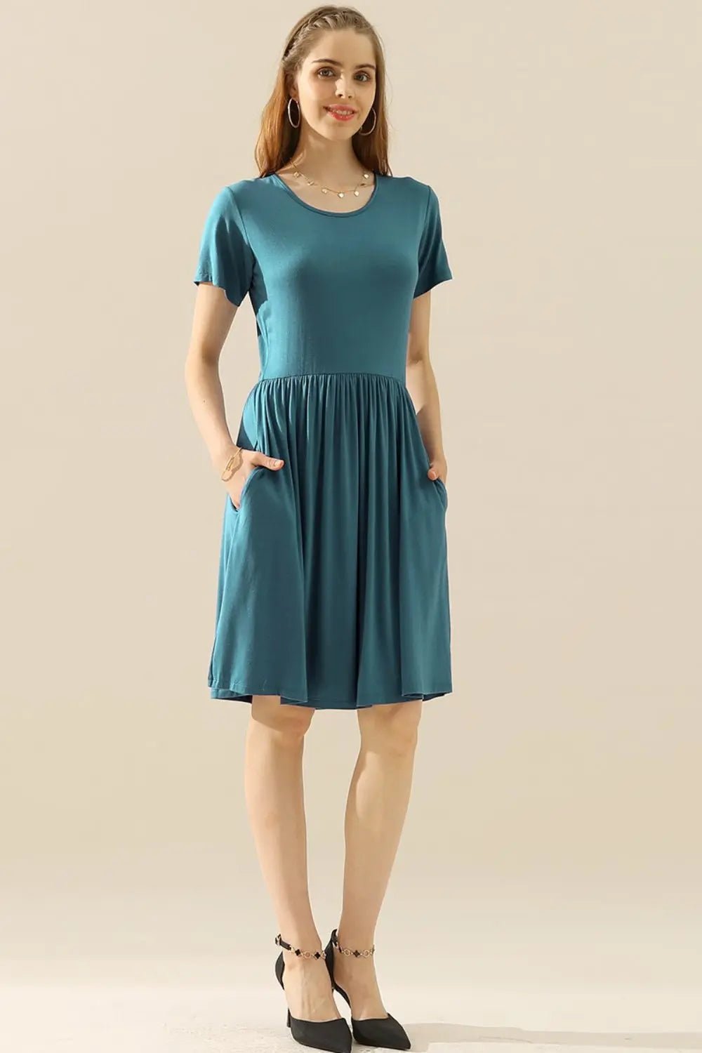 Ninexis Full Size Round Neck Ruched Dress with Pockets 2668south