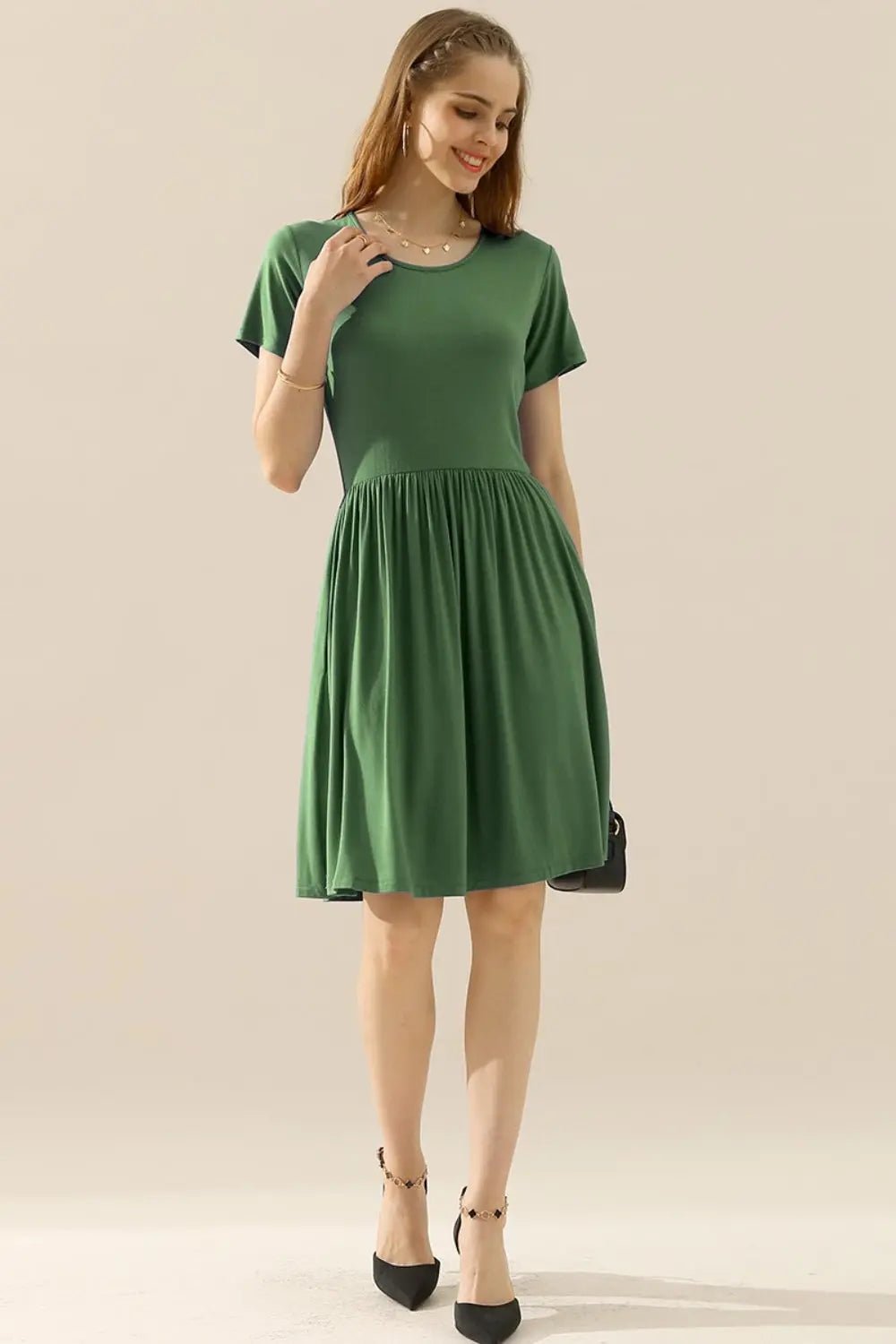 Ninexis Full Size Round Neck Ruched Dress with Pockets 2668south