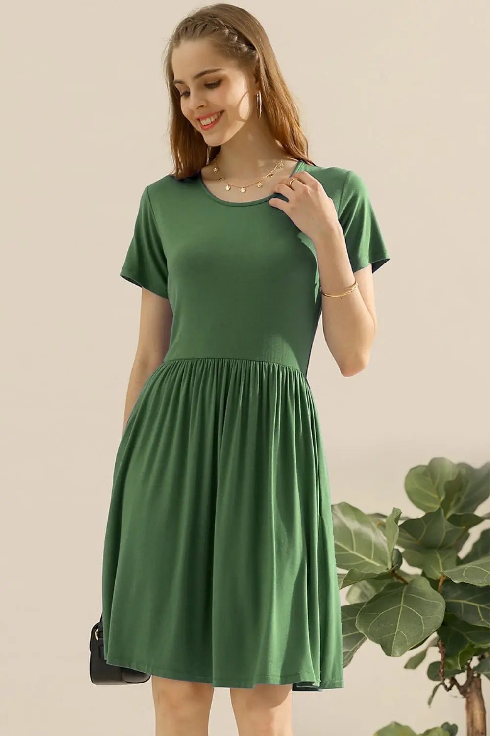 Ninexis Full Size Round Neck Ruched Dress with Pockets 2668south