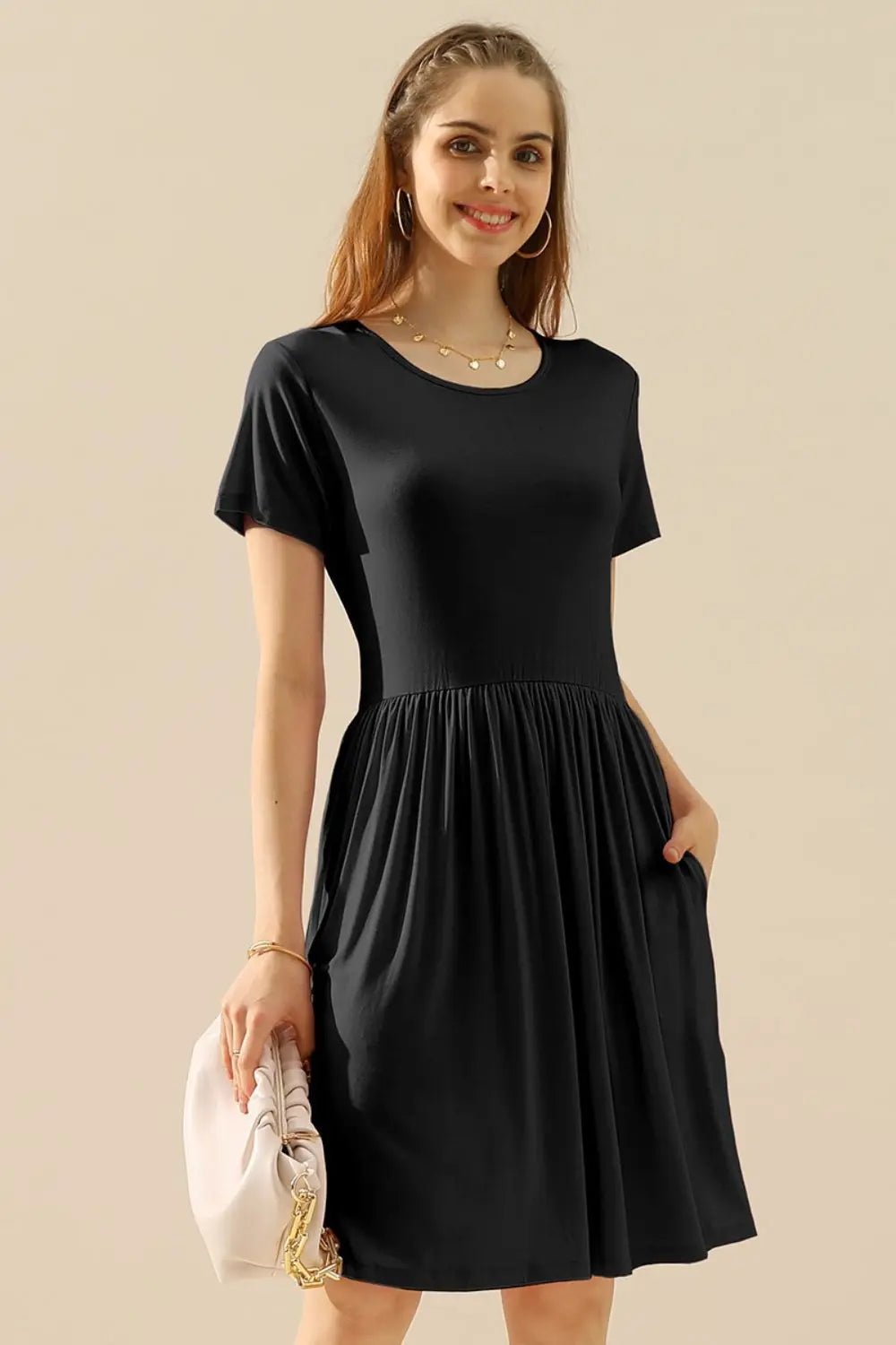 Ninexis Full Size Round Neck Ruched Dress with Pockets 2668south