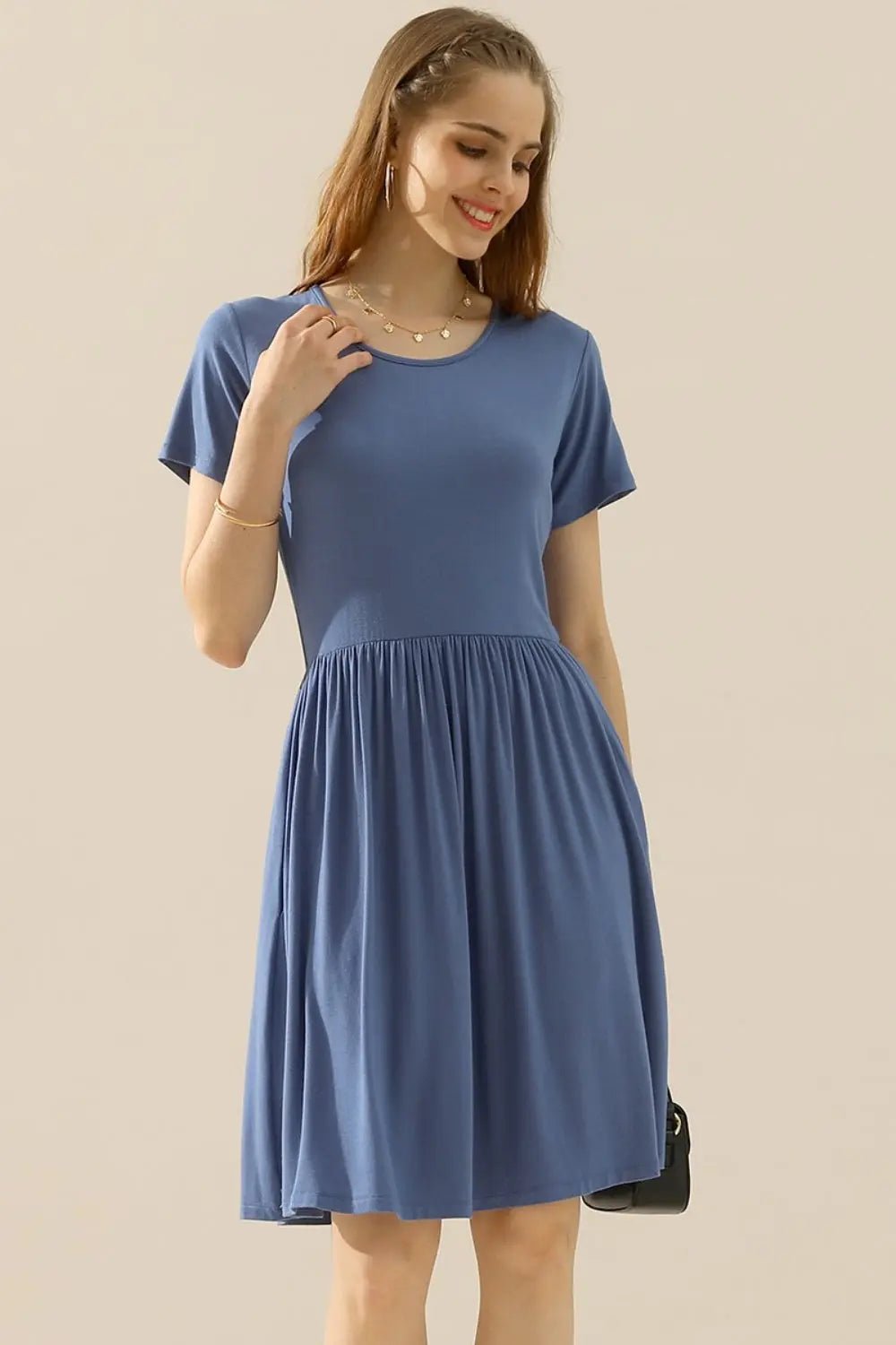 Ninexis Full Size Round Neck Ruched Dress with Pockets 2668south