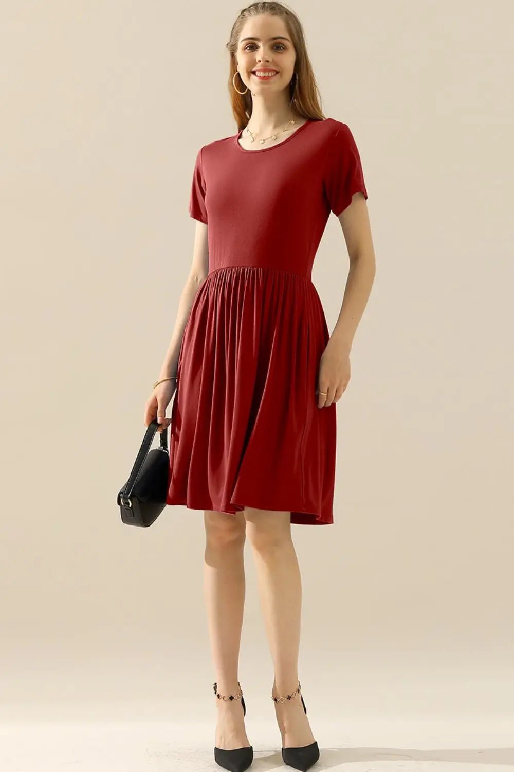 Ninexis Full Size Round Neck Ruched Dress with Pockets 2668south