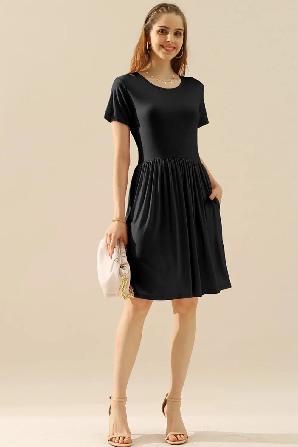 Ninexis Full Size Round Neck Ruched Dress with Pockets 2668south