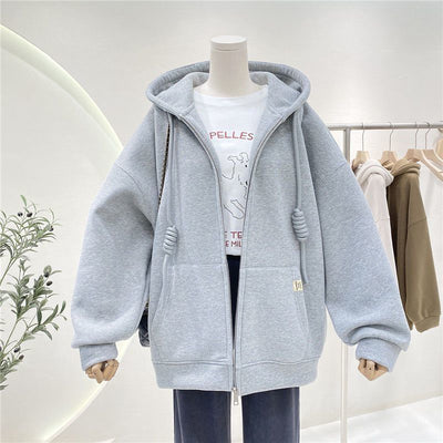 Women's White Fleece-lined Cardigan Sweater Hooded Coat My Store