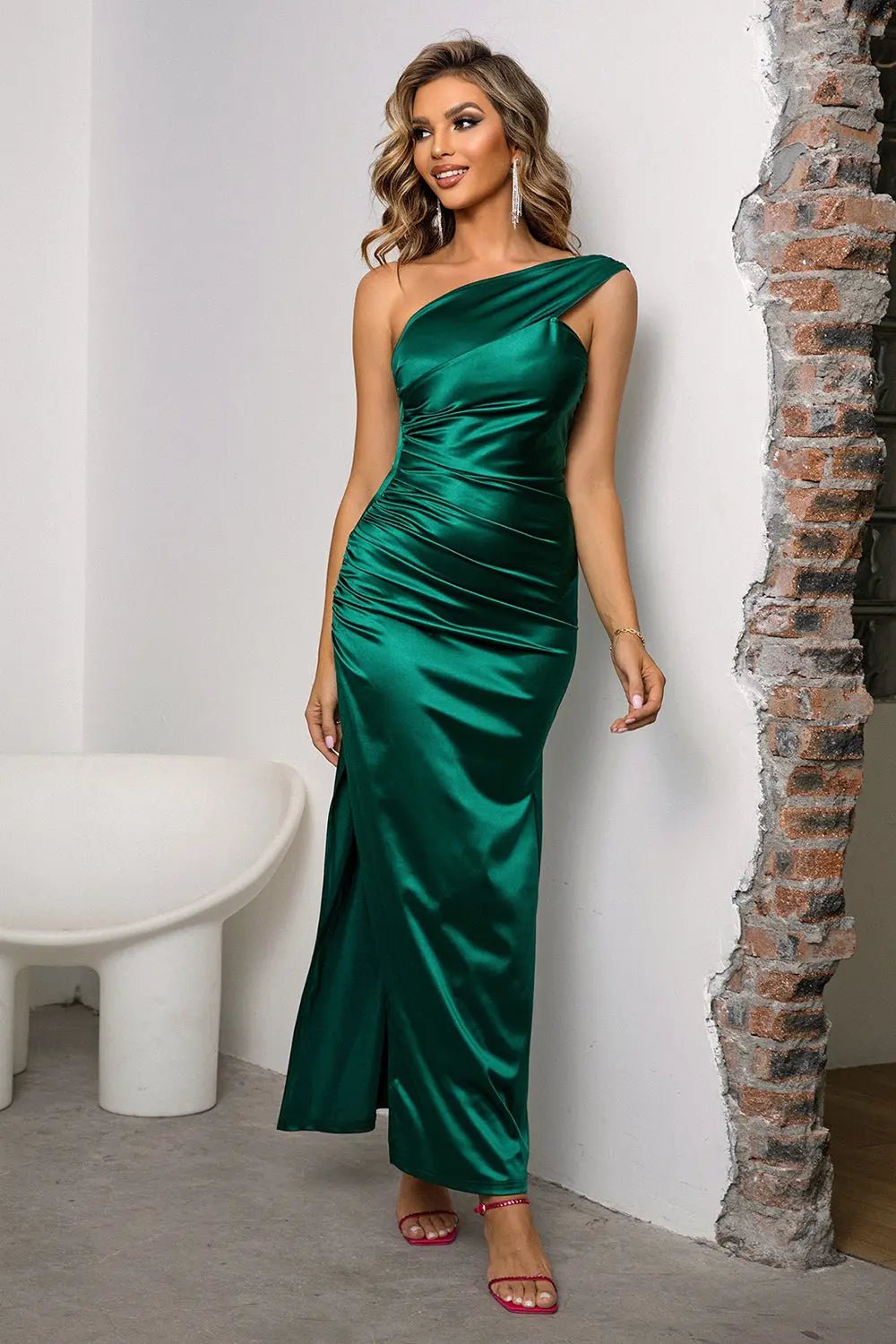 One-Shoulder Ruched Slit Maxi Dress 2668south