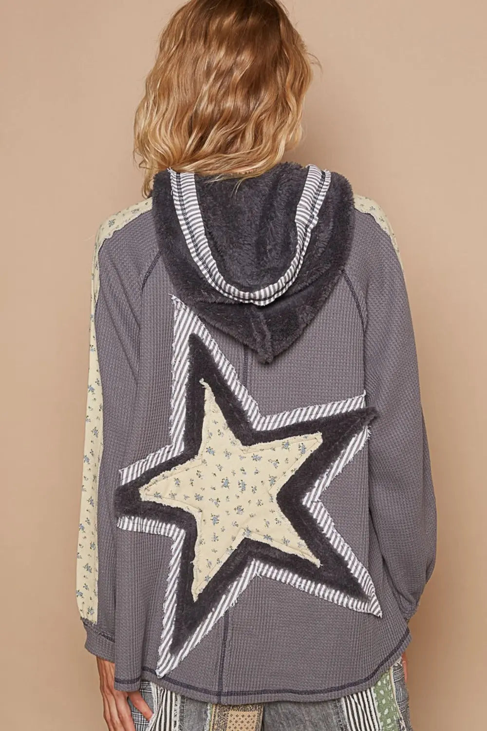 POL Half Zip Up Fleece Mix Back Star Patch Hoodie 2668south