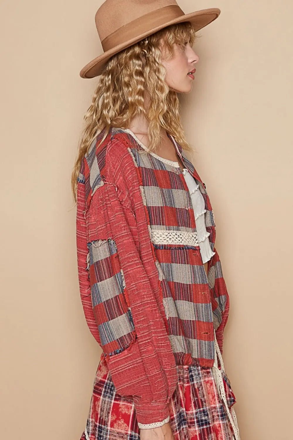 POL Round Neck Long Sleeve Plaid Shirt 2668south