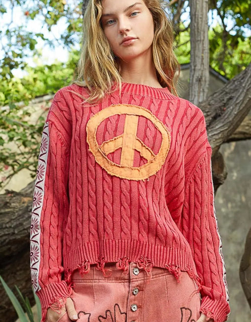 Load image into Gallery viewer, POL Washed Peace Patch Cable Knit Sweater 2668south
