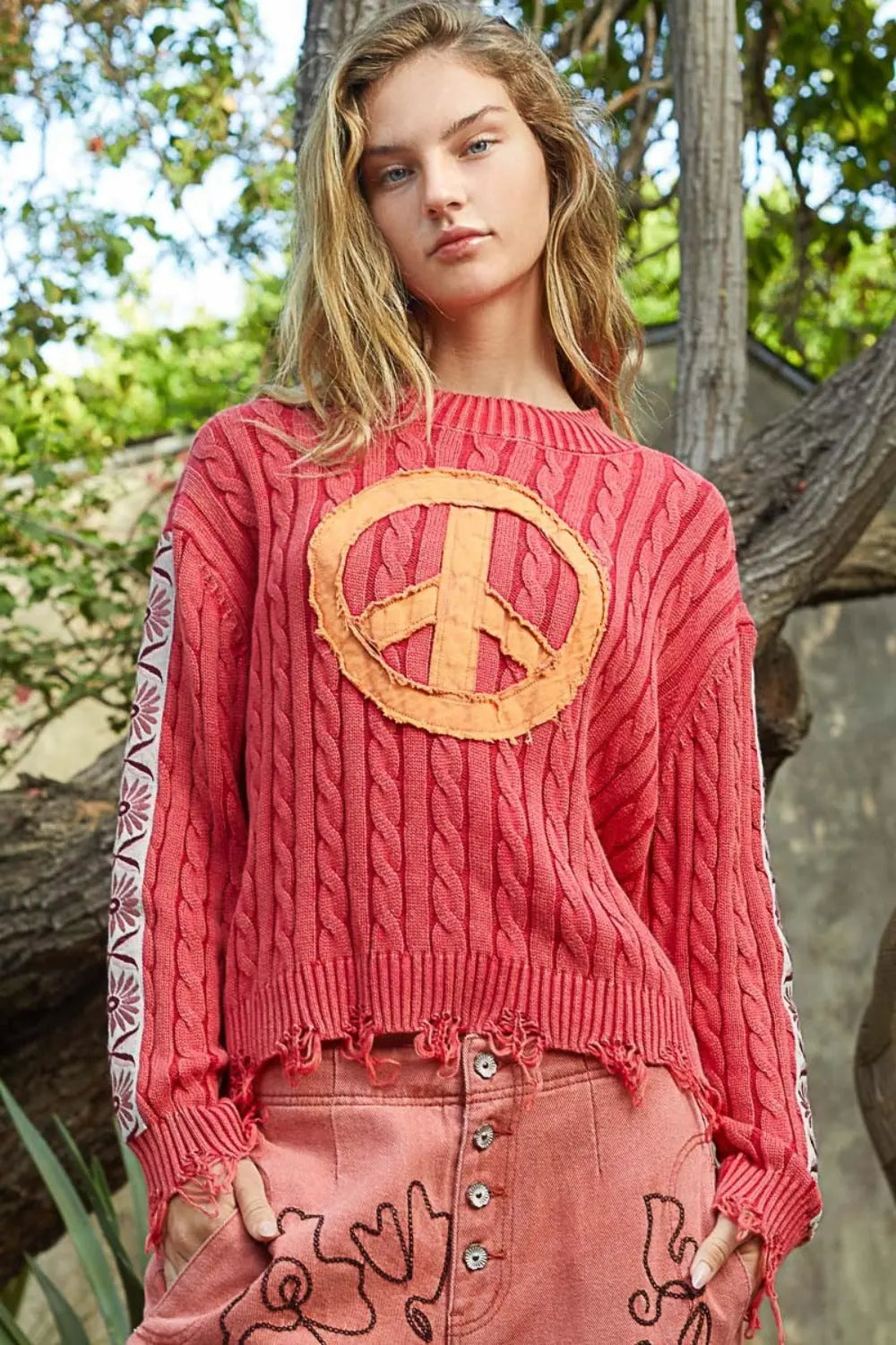 POL Washed Peace Patch Cable Knit Sweater 2668south