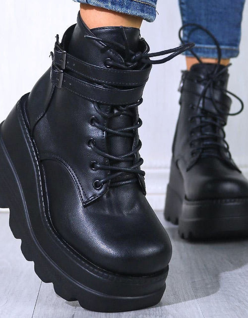 تحميل الصورة إلى عارض المعرض، PU Leather Lace-Up Wedge Boots 2668south
