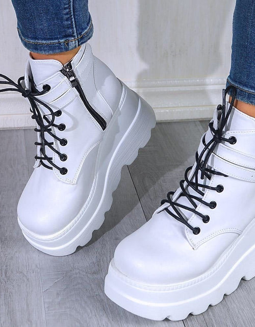 تحميل الصورة إلى عارض المعرض، PU Leather Lace-Up Wedge Boots 2668south
