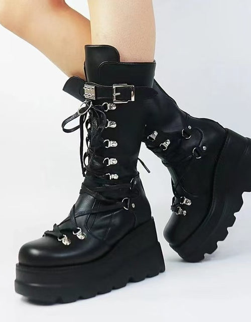 تحميل الصورة إلى عارض المعرض، PU Leather Lace Up Wedge Boots 2668south
