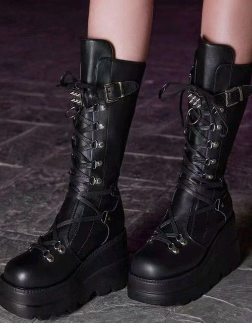 تحميل الصورة إلى عارض المعرض، PU Leather Lace Up Wedge Boots 2668south
