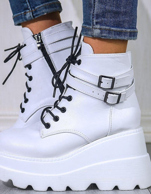 تحميل الصورة إلى عارض المعرض، PU Leather Lace-Up Wedge Boots 2668south
