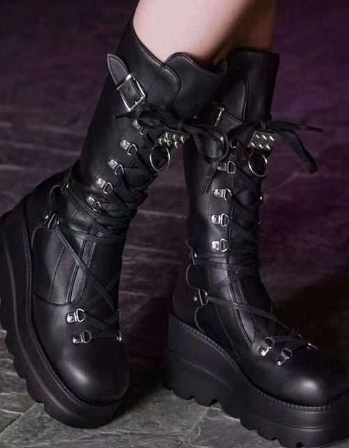 تحميل الصورة إلى عارض المعرض، PU Leather Lace Up Wedge Boots 2668south
