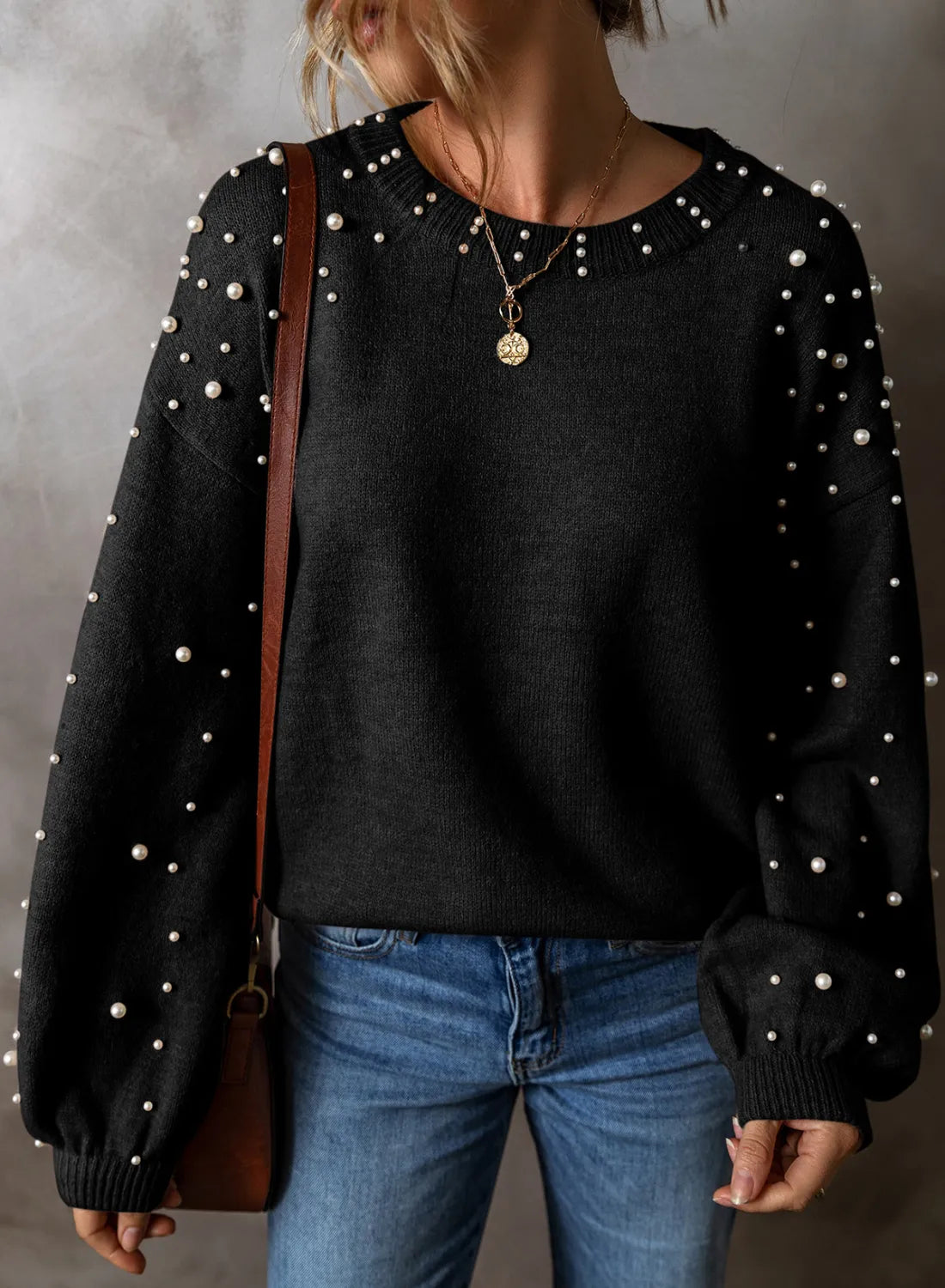 Pearl Detail Round Neck Long Sleeve Sweater 2668south