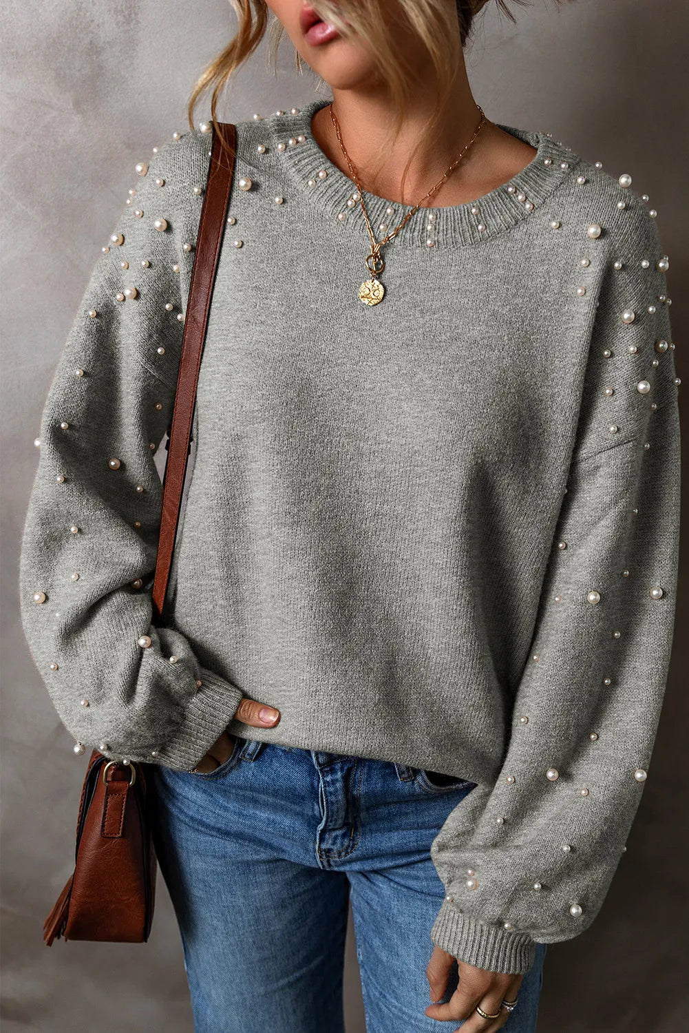 Pearl Detail Round Neck Long Sleeve Sweater 2668south