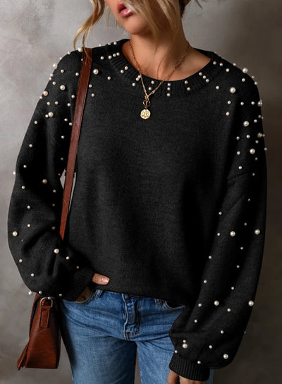 Pearl Detail Round Neck Long Sleeve Sweater 2668south