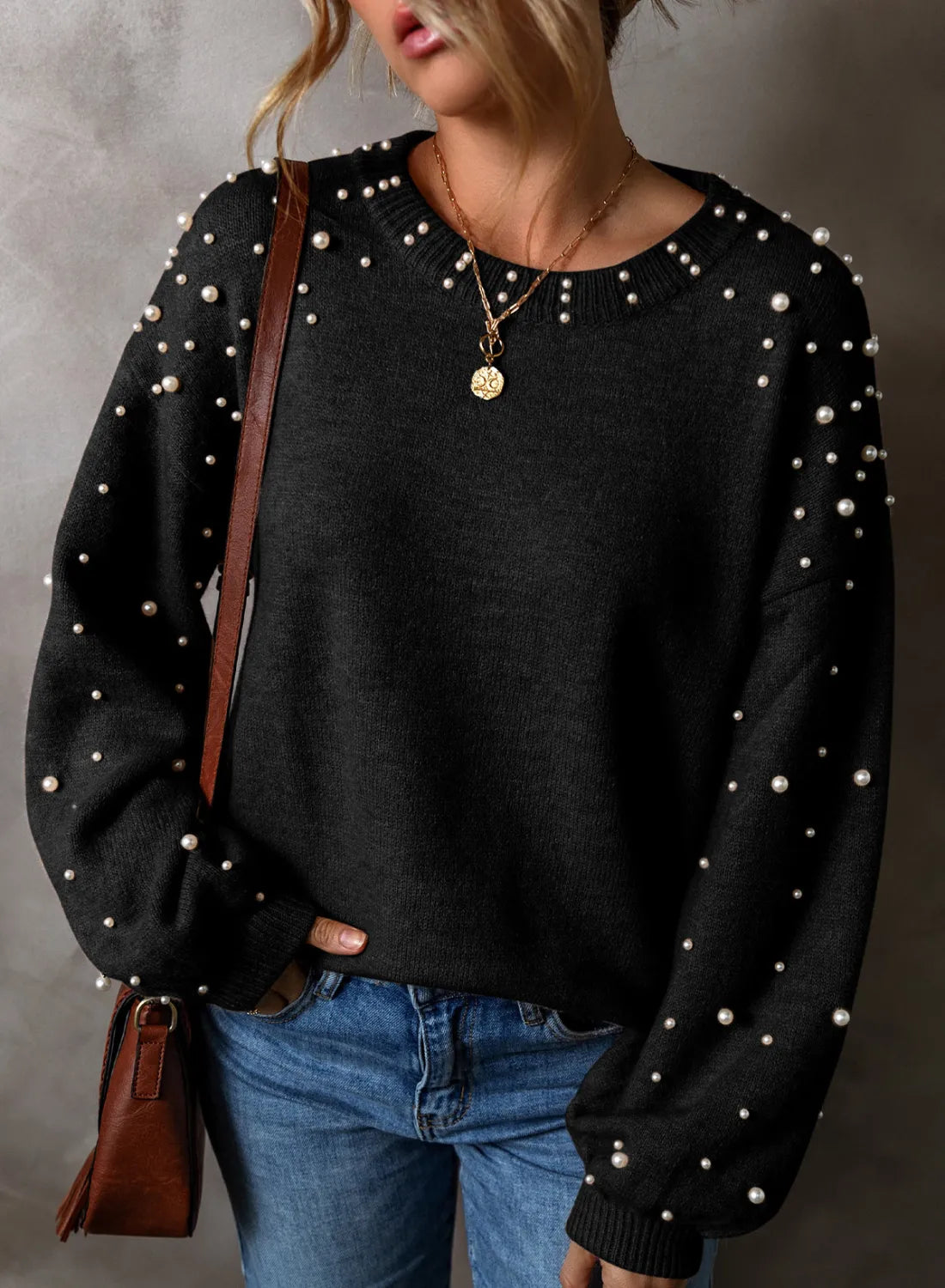 Pearl Detail Round Neck Long Sleeve Sweater 2668south