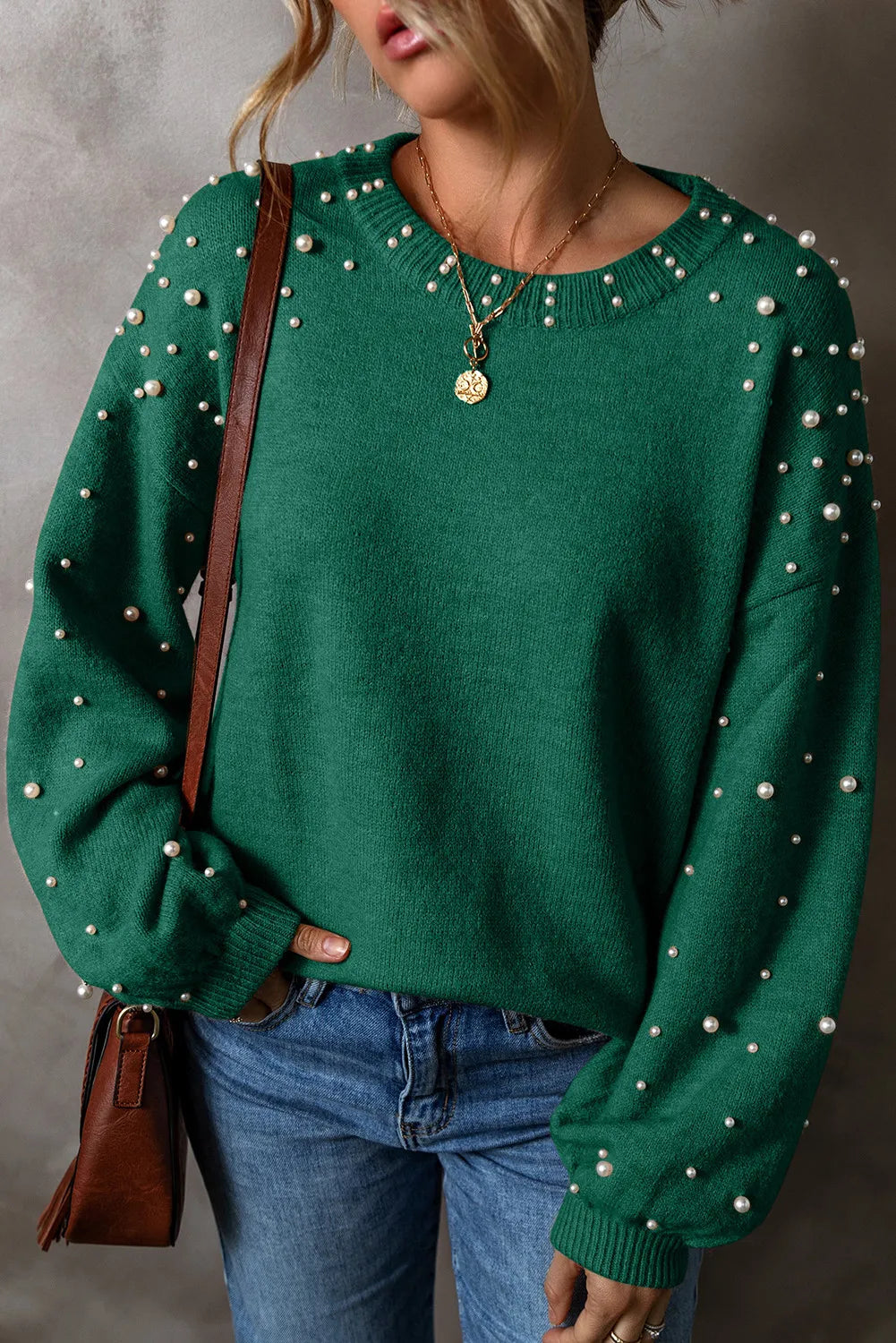 Pearl Detail Round Neck Long Sleeve Sweater 2668south