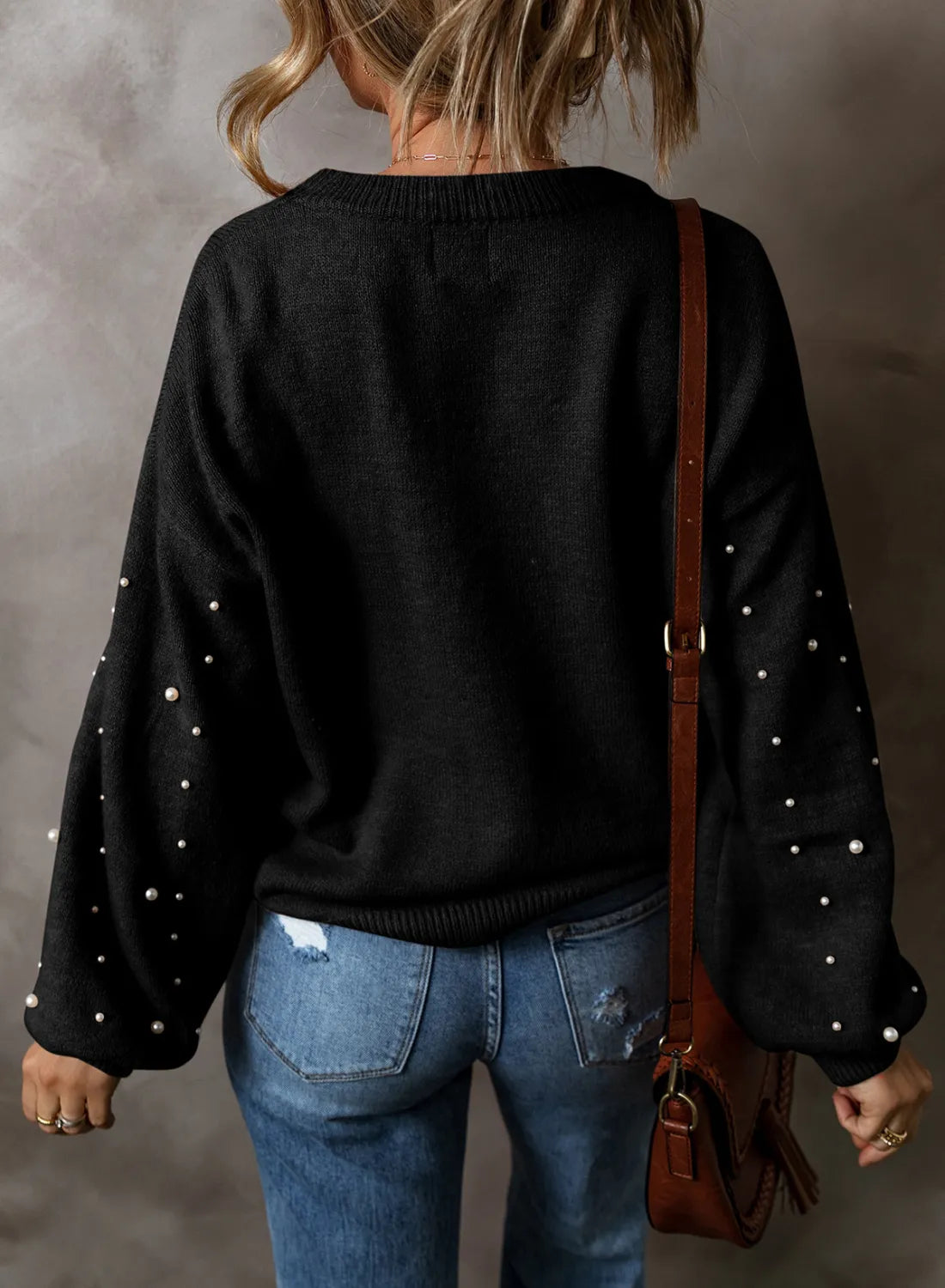 Pearl Detail Round Neck Long Sleeve Sweater 2668south