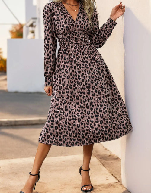 Load image into Gallery viewer, Perfee Leopard Surplice Long Sleeve Midi Dress 2668south
