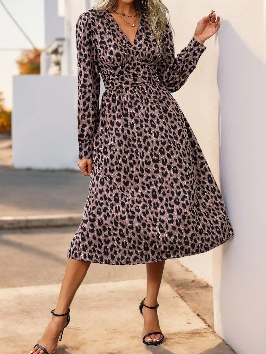 Perfee Leopard Surplice Long Sleeve Midi Dress 2668south