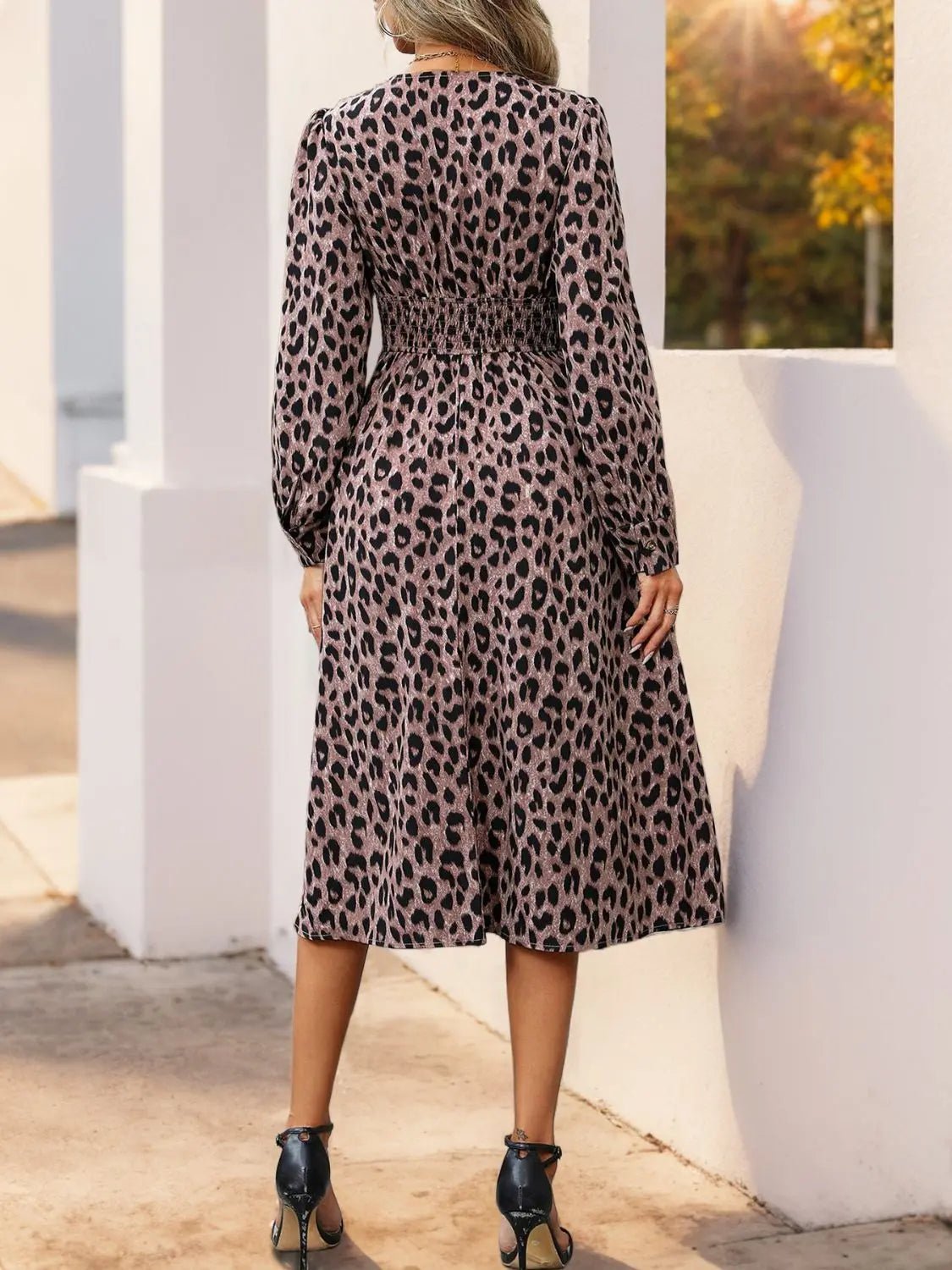 Perfee Leopard Surplice Long Sleeve Midi Dress 2668south