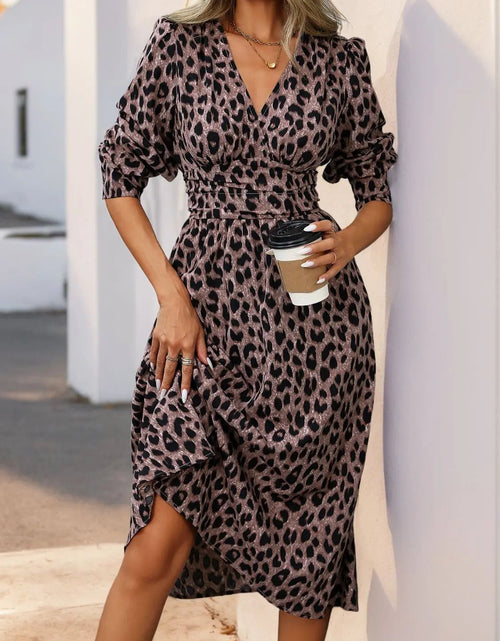 Load image into Gallery viewer, Perfee Leopard Surplice Long Sleeve Midi Dress 2668south
