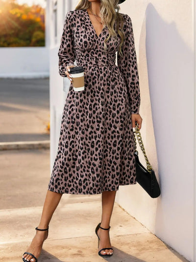 Perfee Leopard Surplice Long Sleeve Midi Dress 2668south