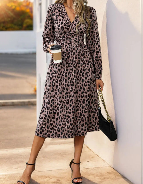 Load image into Gallery viewer, Perfee Leopard Surplice Long Sleeve Midi Dress 2668south
