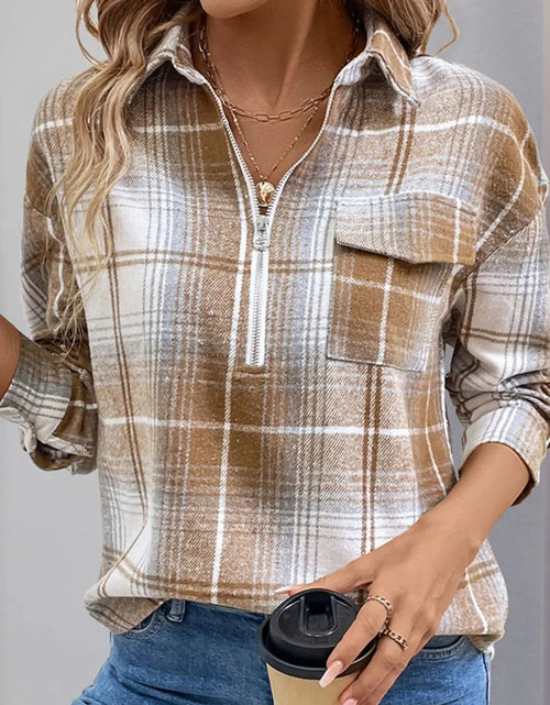 Load image into Gallery viewer, Perfee Plaid Collared Neck Half Zip Long Sleeve Top 2668south
